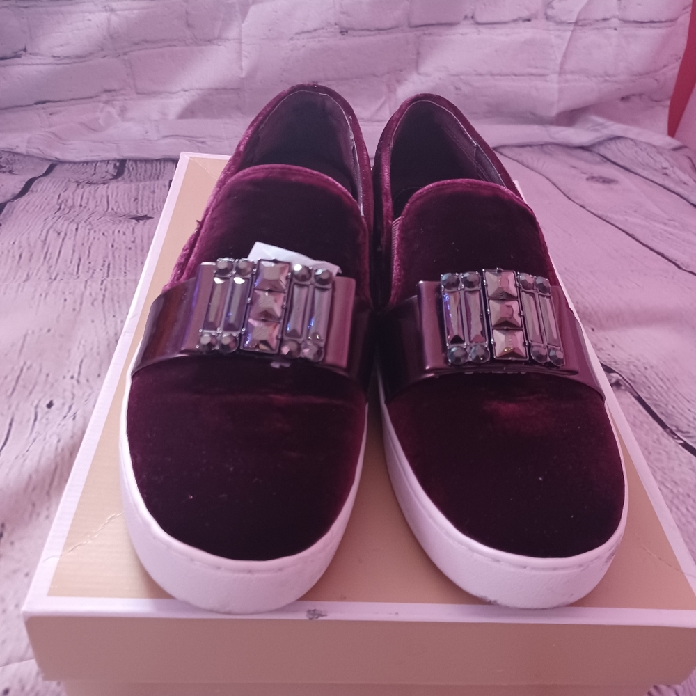 Burgundy suede jeweled strap slip ons
